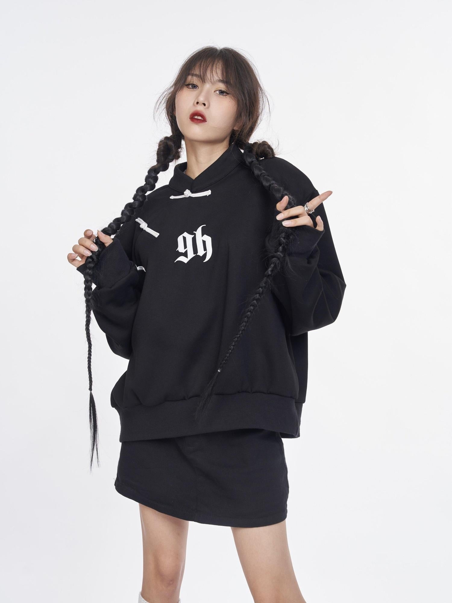 NANAICHILLI Cotton Blend Guochao Printed Stand Collar Youth Pullover Black Hoodies