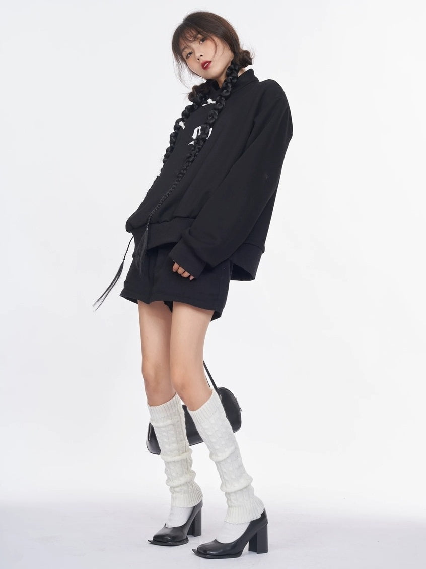 NANAICHILLI Cotton Blend Guochao Printed Stand Collar Youth Pullover Black Hoodies