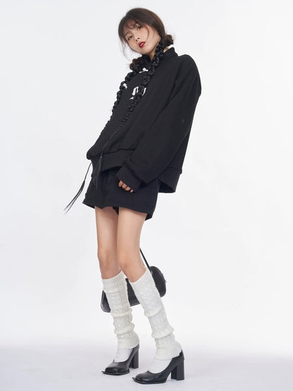 NANAICHILLI Cotton Blend Guochao Printed Stand Collar Youth Pullover Black Hoodies