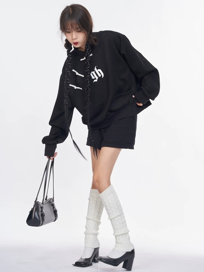 NANAICHILLI Cotton Blend Guochao Printed Stand Collar Youth Pullover Black Hoodies