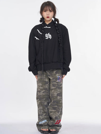 NANAICHILLI Cotton Blend Guochao Printed Stand Collar Youth Pullover Black Hoodies