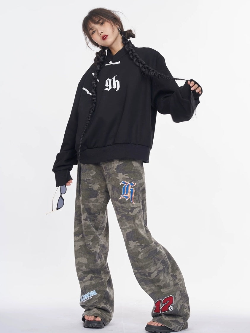 NANAICHILLI Cotton Blend Guochao Printed Stand Collar Youth Pullover Black Hoodies