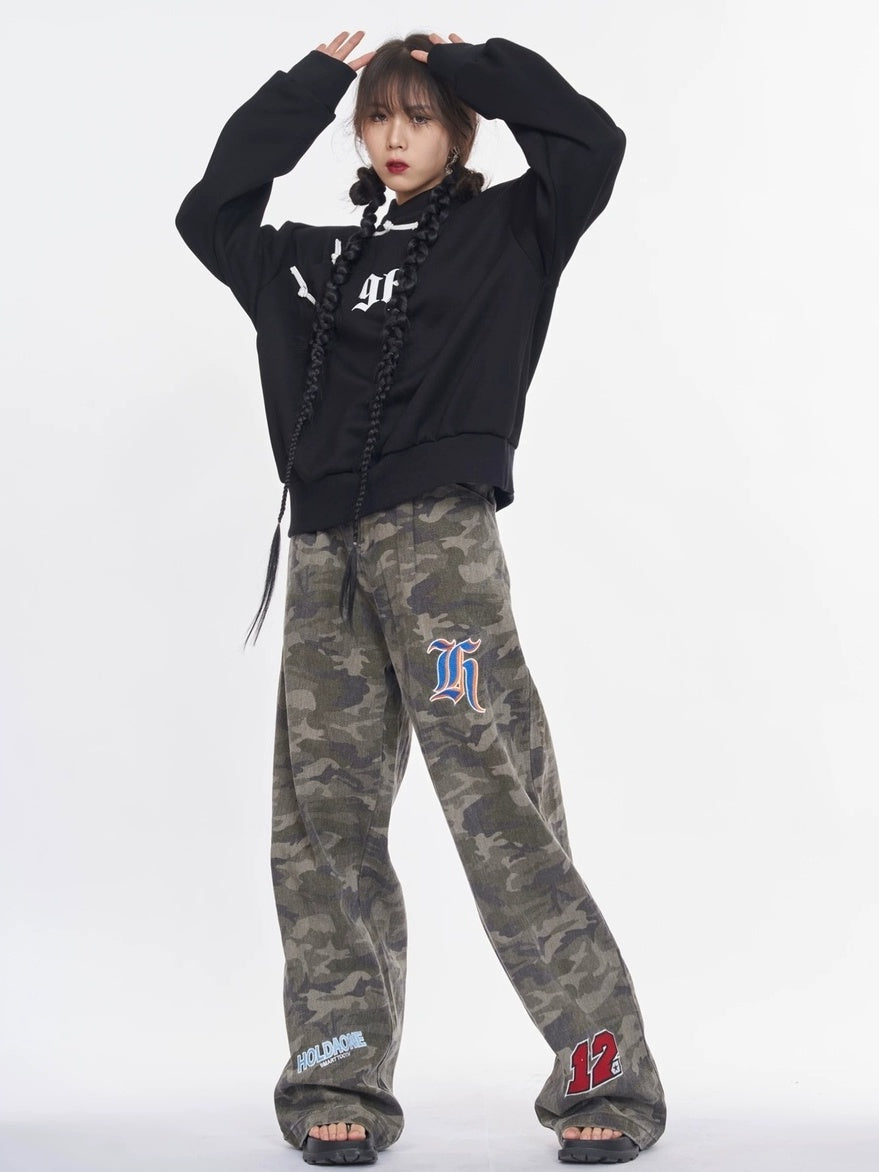 NANAICHILLI Cotton Blend Guochao Printed Stand Collar Youth Pullover Black Hoodies