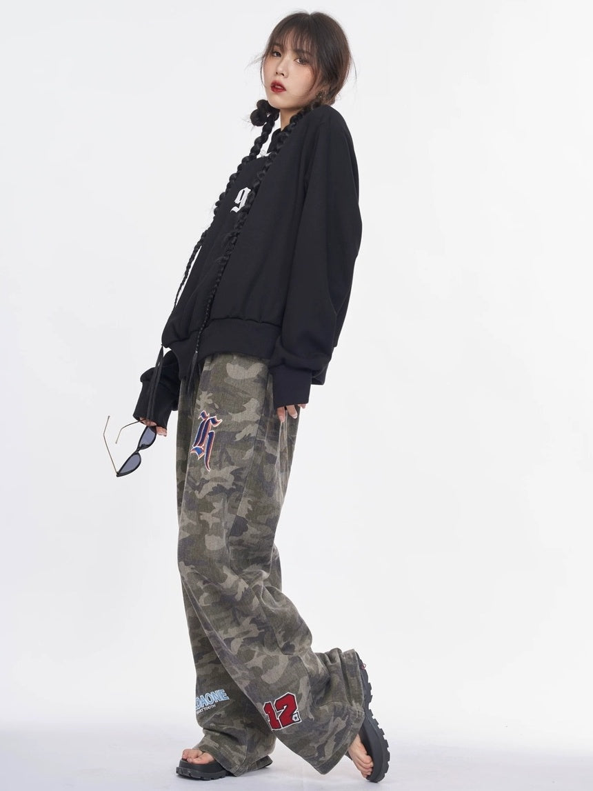 NANAICHILLI Cotton Blend Guochao Printed Stand Collar Youth Pullover Black Hoodies