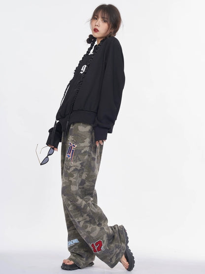 NANAICHILLI Cotton Blend Guochao Printed Stand Collar Youth Pullover Black Hoodies