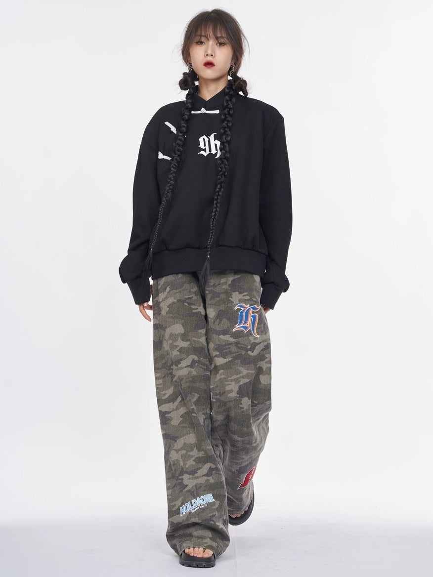 NANAICHILLI Cotton Blend Guochao Printed Stand Collar Youth Pullover Black Hoodies