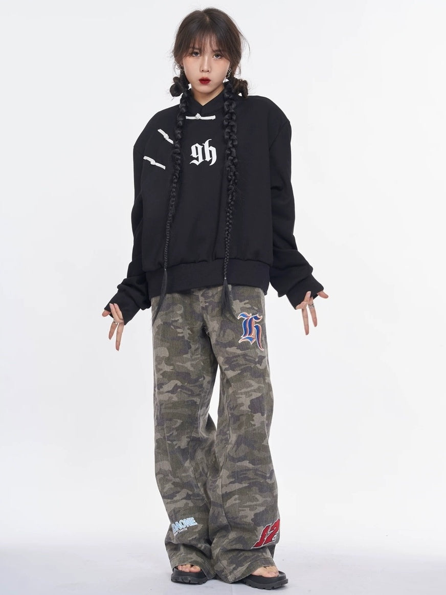 NANAICHILLI Cotton Blend Guochao Printed Stand Collar Youth Pullover Black Hoodies