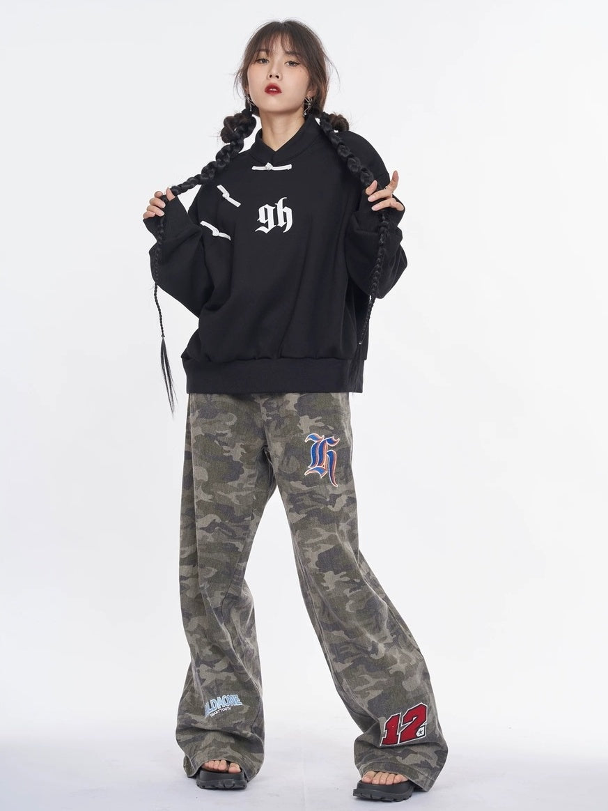 NANAICHILLI Cotton Blend Guochao Printed Stand Collar Youth Pullover Black Hoodies