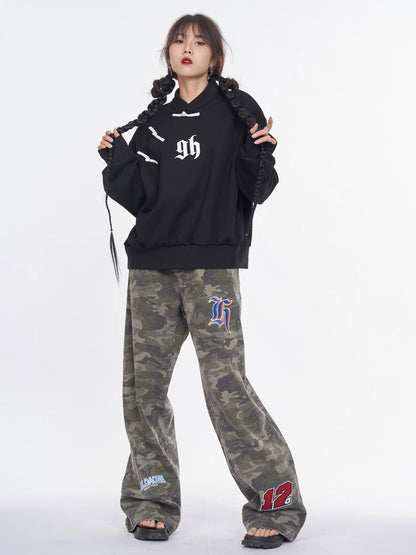 NANAICHILLI Cotton Blend Guochao Printed Stand Collar Youth Pullover Black Hoodies