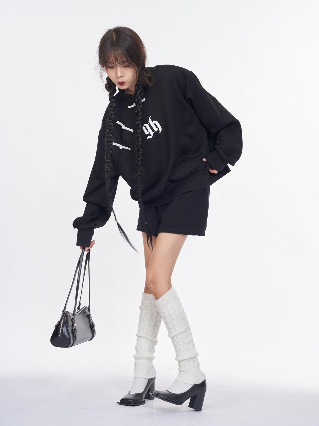 NANAICHILLI Cotton Blend Guochao Printed Stand Collar Youth Pullover Black Hoodies