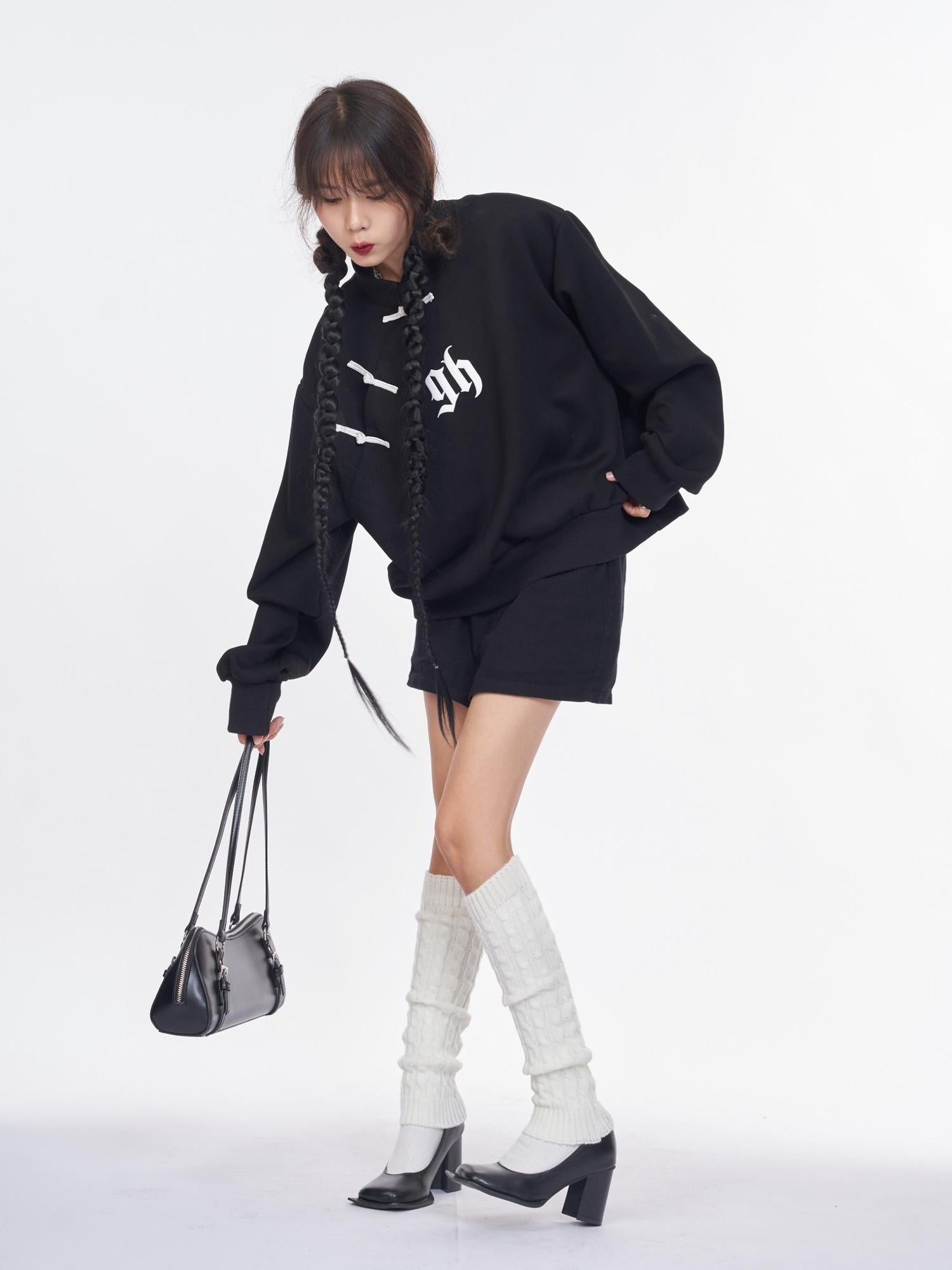 NANAICHILLI Cotton Blend Guochao Printed Stand Collar Youth Pullover Black Hoodies