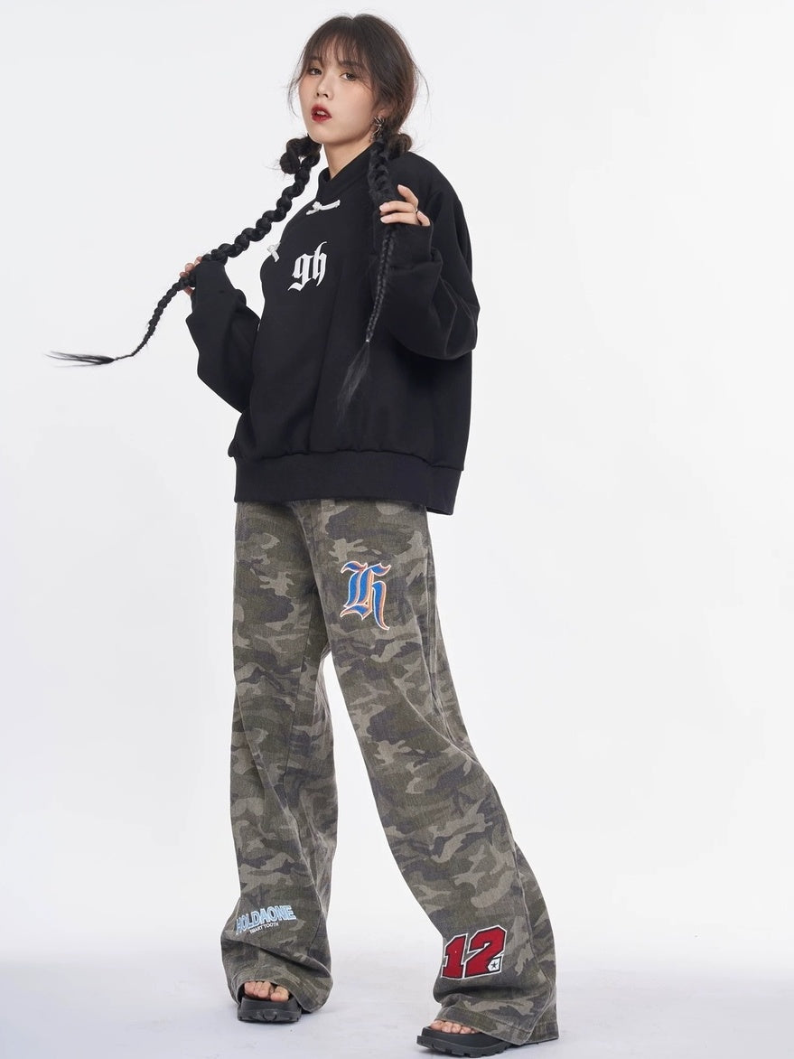 NANAICHILLI Cotton Blend Guochao Printed Stand Collar Youth Pullover Black Hoodies