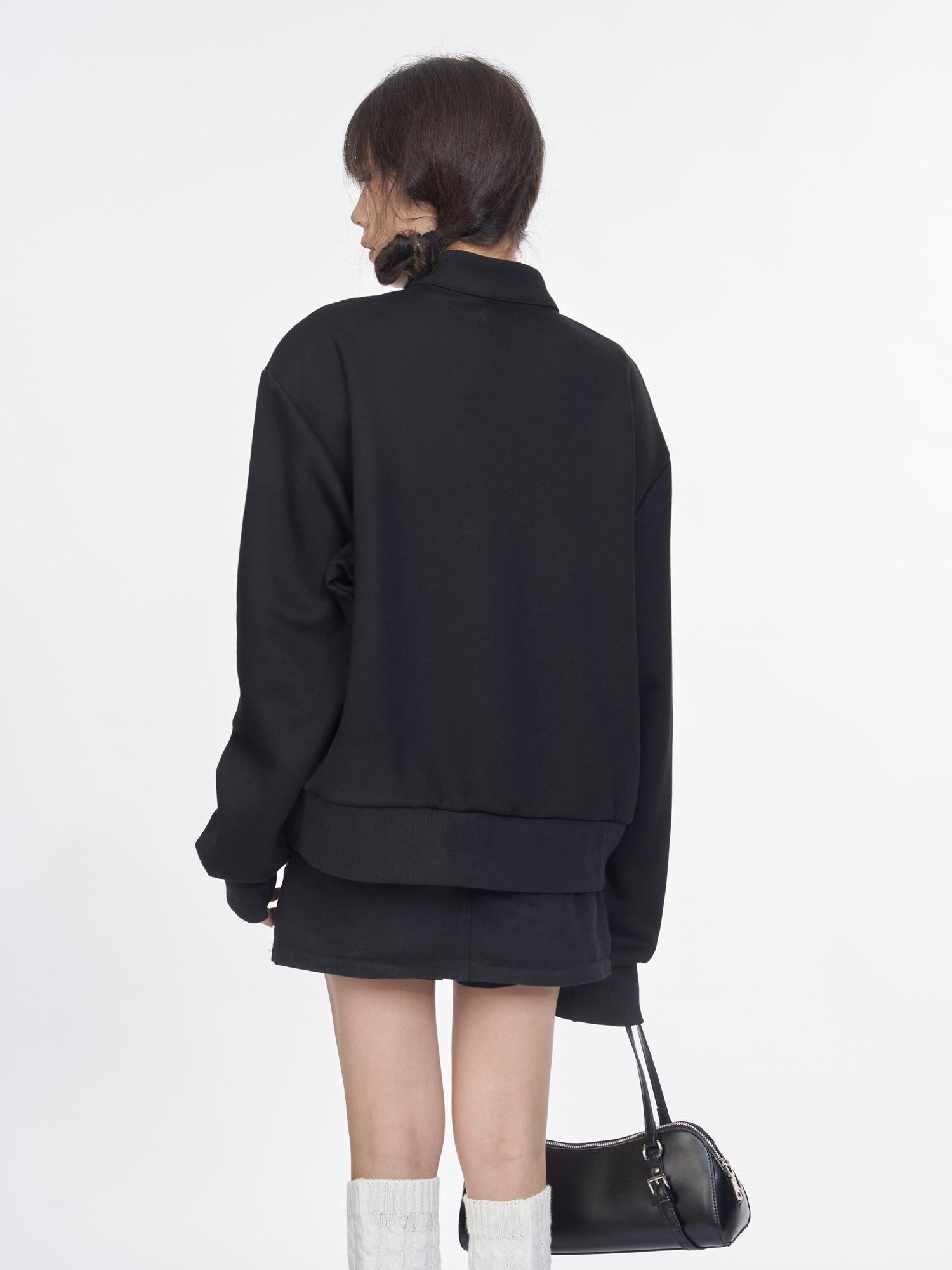 NANAICHILLI Cotton Blend Guochao Printed Stand Collar Youth Pullover Black Hoodies