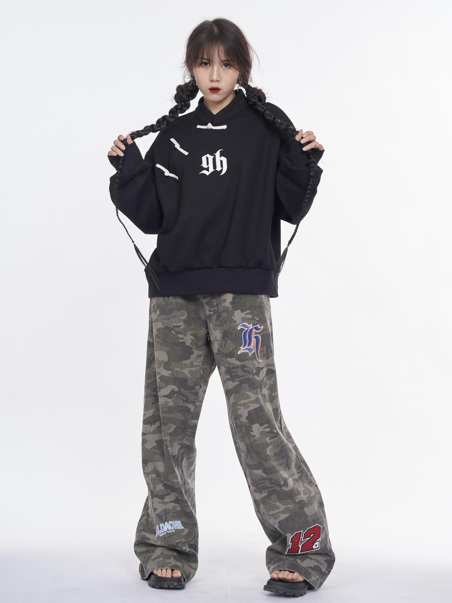 NANAICHILLI Cotton Blend Guochao Printed Stand Collar Youth Pullover Black Hoodies