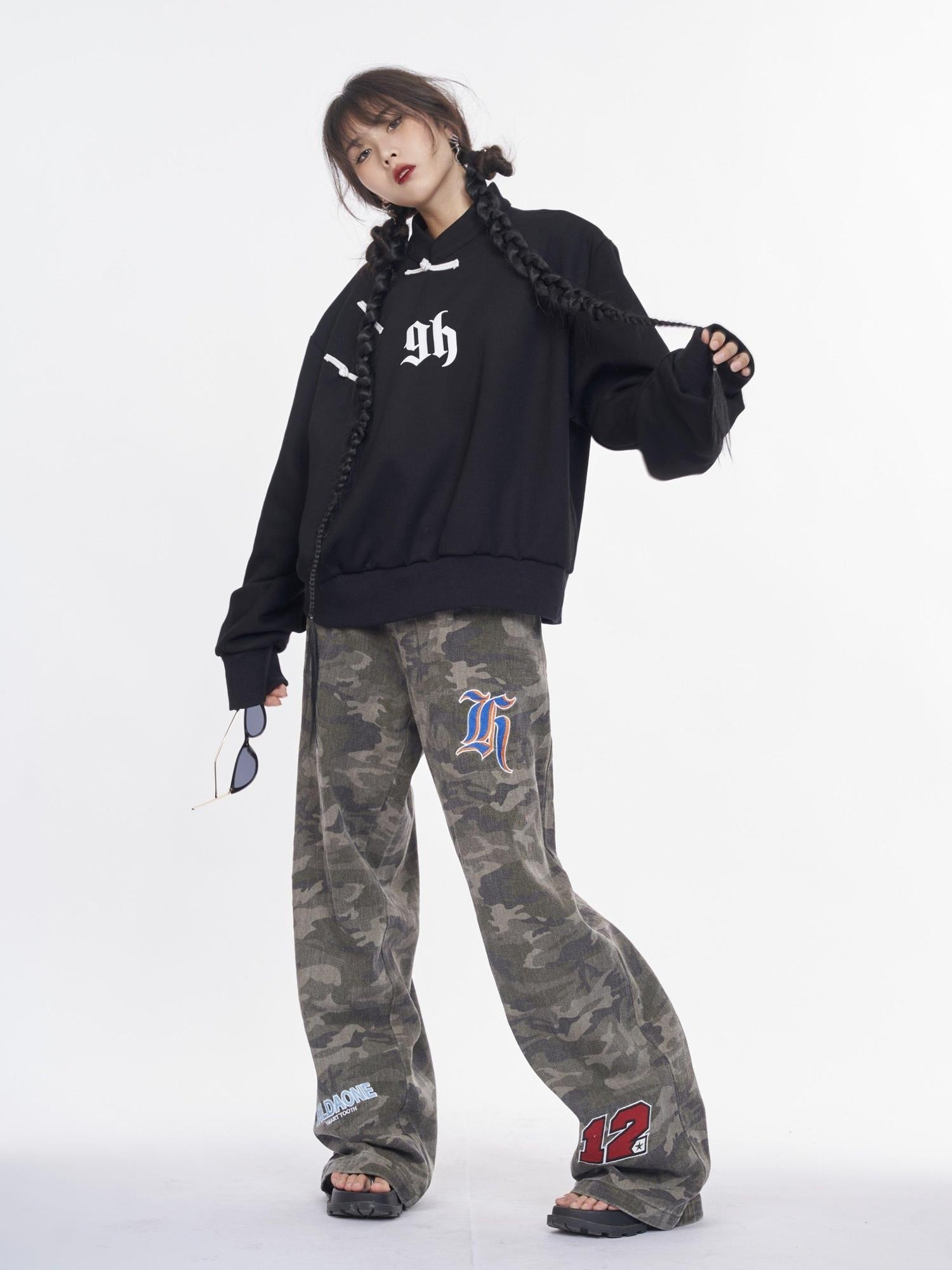 NANAICHILLI Cotton Blend Guochao Printed Stand Collar Youth Pullover Black Hoodies