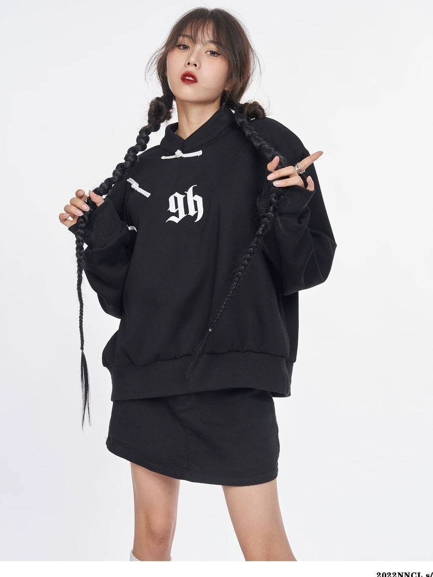 NANAICHILLI Cotton Blend Guochao Printed Stand Collar Youth Pullover Black Hoodies