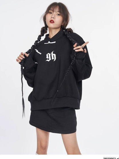 NANAICHILLI Cotton Blend Guochao Printed Stand Collar Youth Pullover Black Hoodies