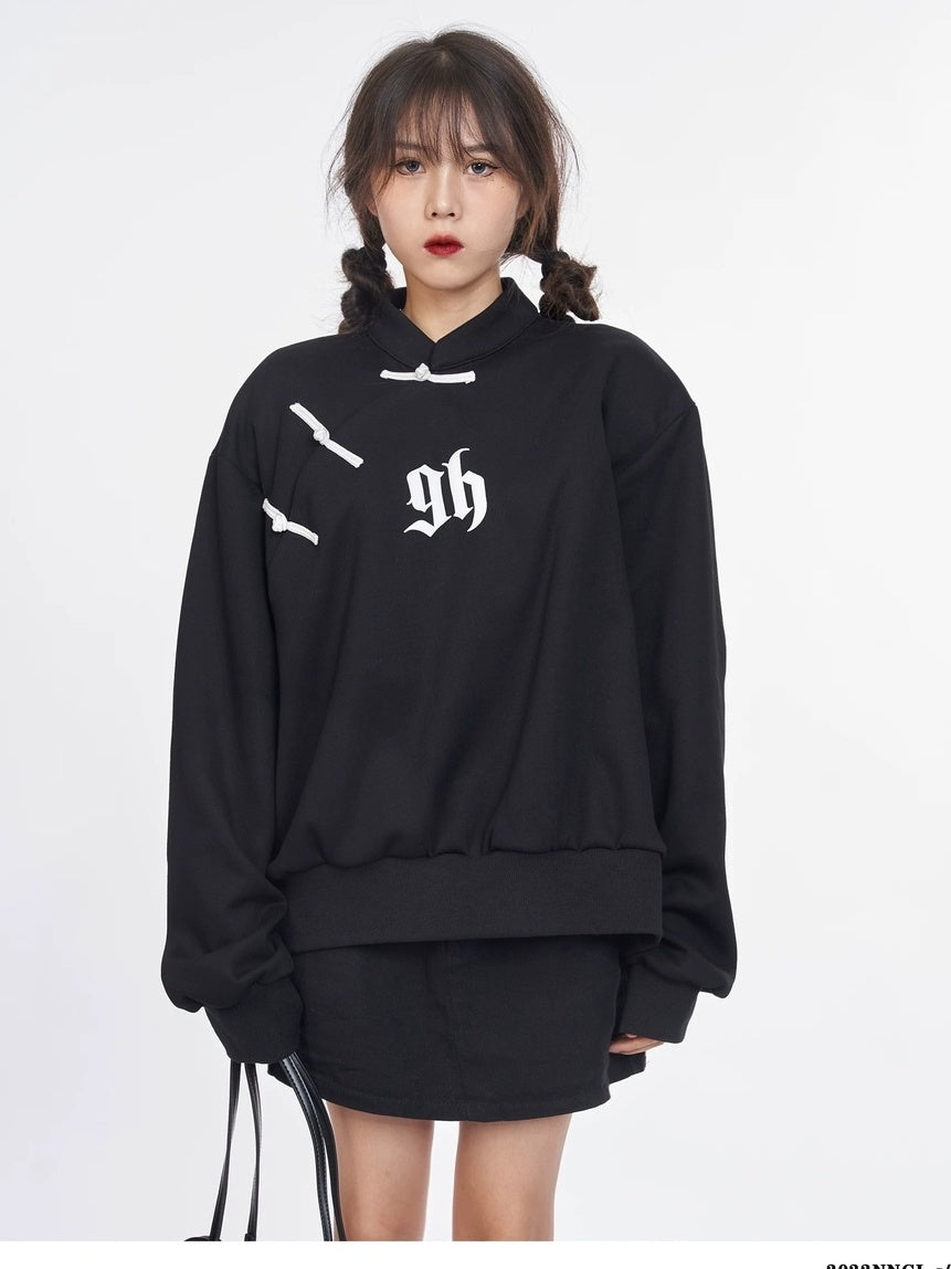 NANAICHILLI Cotton Blend Guochao Printed Stand Collar Youth Pullover Black Hoodies