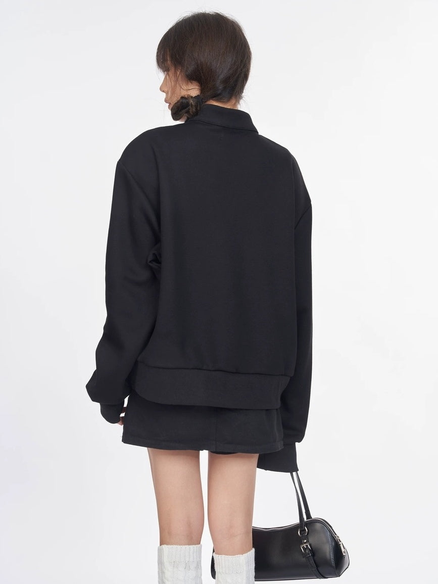 NANAICHILLI Cotton Blend Guochao Printed Stand Collar Youth Pullover Black Hoodies