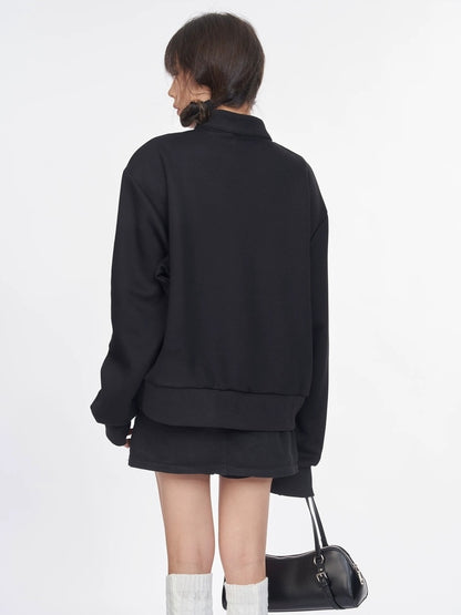 NANAICHILLI Cotton Blend Guochao Printed Stand Collar Youth Pullover Black Hoodies