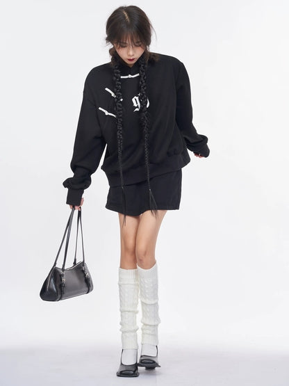 NANAICHILLI Cotton Blend Guochao Printed Stand Collar Youth Pullover Black Hoodies