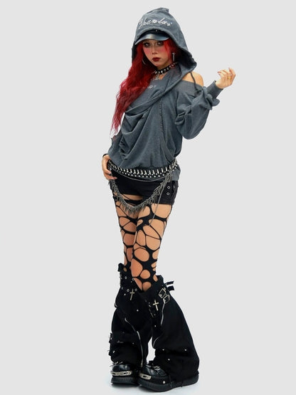 NANAICHILLI Cozy Oversized Pullover Street Style Hooded Long Sleeve Plain Gray Hoodies