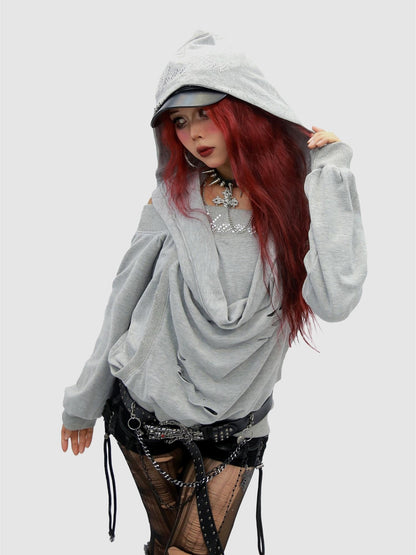 NANAICHILLI Cozy Oversized Pullover Street Style Hooded Long Sleeve Plain Gray Hoodies