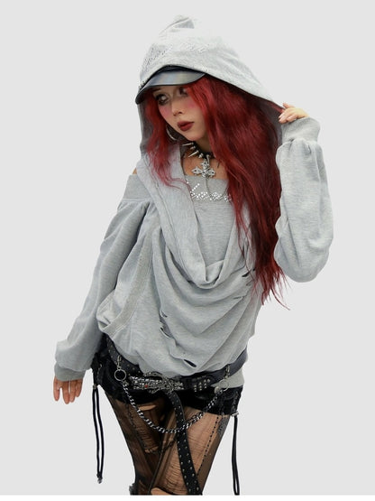 NANAICHILLI Cozy Oversized Pullover Street Style Hooded Long Sleeve Plain Gray Hoodies