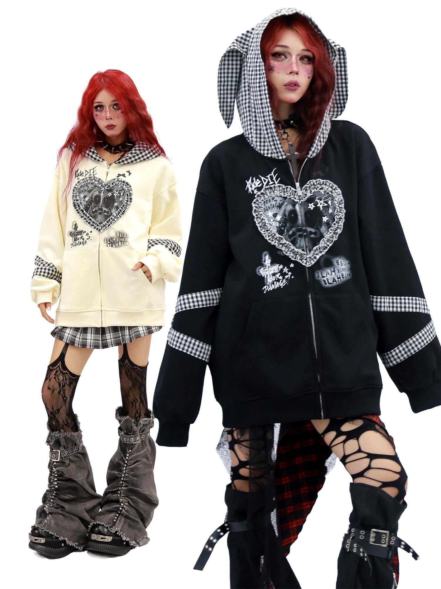 NANAICHILLI Cozy Oversized Zip Up Cartoon Anime Streetwear Casual Beige Black Hoodies