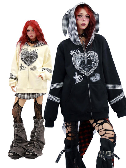 NANAICHILLI Cozy Oversized Zip Up Cartoon Anime Streetwear Casual Beige Black Hoodies