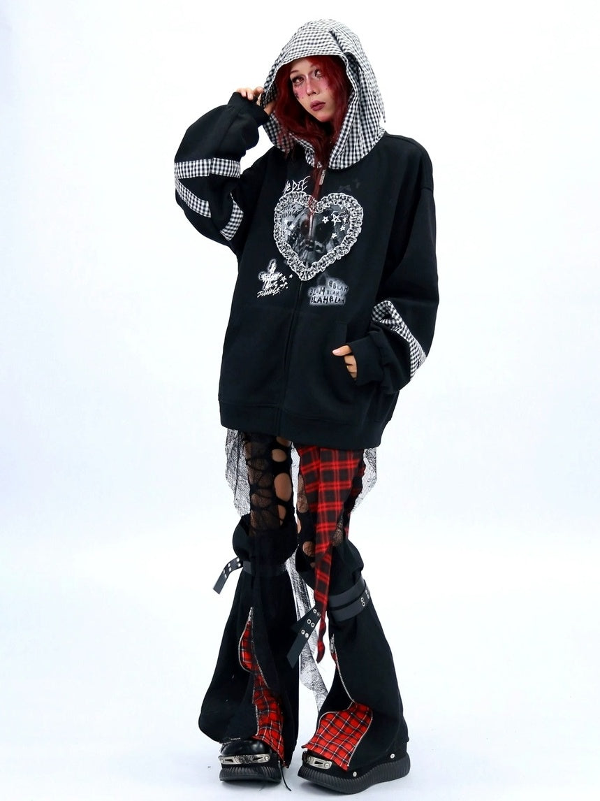 NANAICHILLI Cozy Oversized Zip Up Cartoon Anime Streetwear Casual Beige Black Hoodies