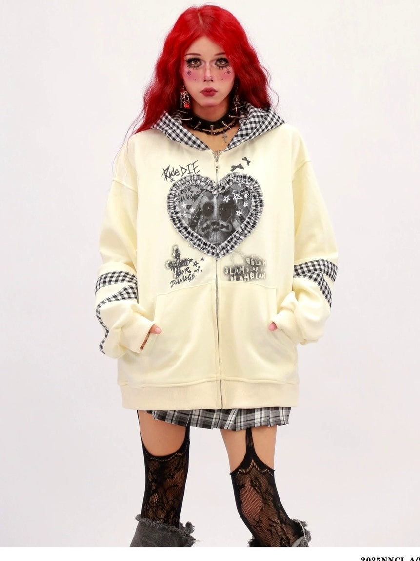 NANAICHILLI Cozy Oversized Zip Up Cartoon Anime Streetwear Casual Beige Black Hoodies