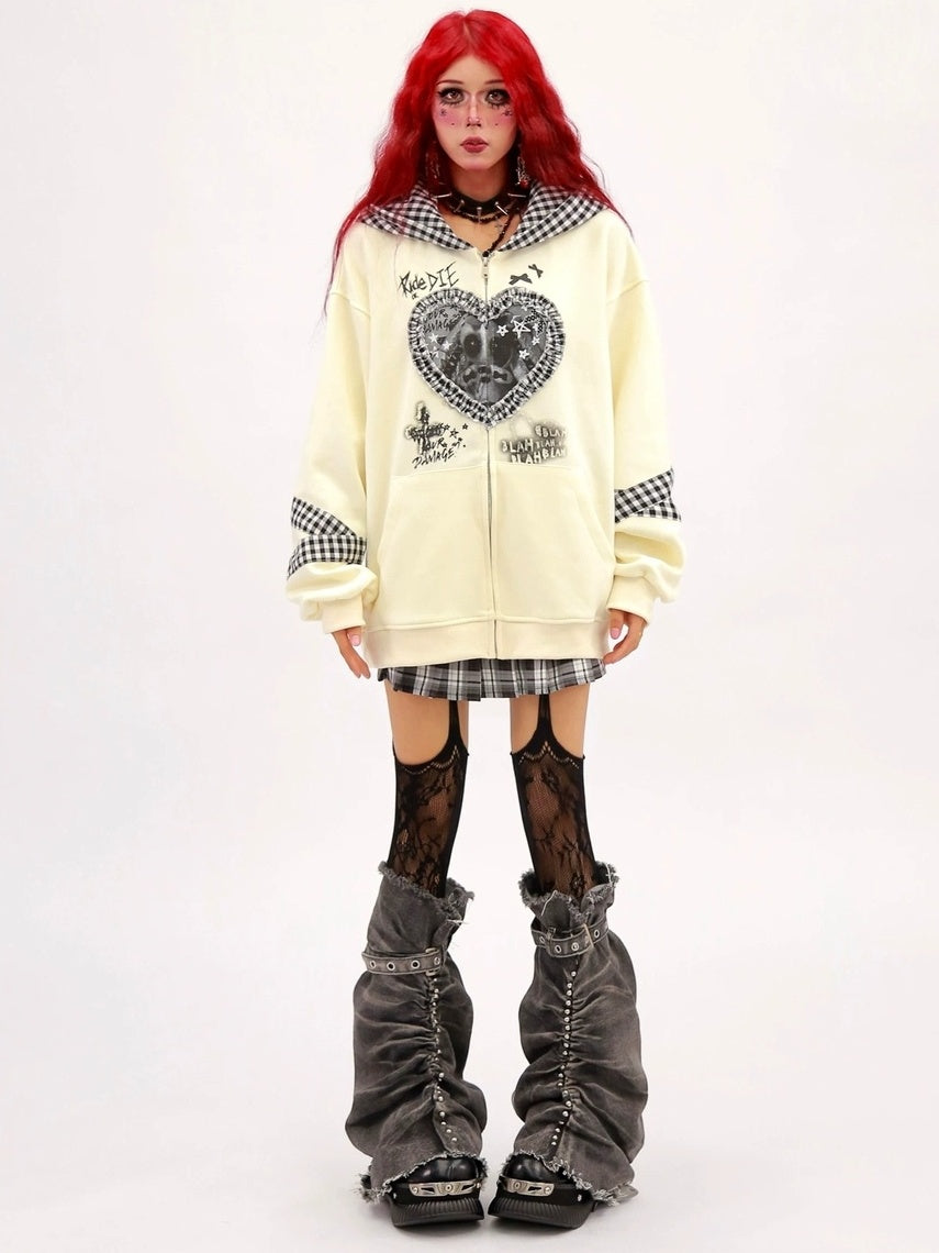 NANAICHILLI Cozy Oversized Zip Up Cartoon Anime Streetwear Casual Beige Black Hoodies