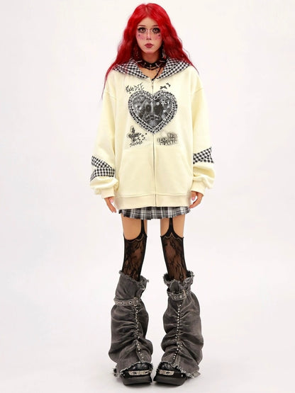 NANAICHILLI Cozy Oversized Zip Up Cartoon Anime Streetwear Casual Beige Black Hoodies