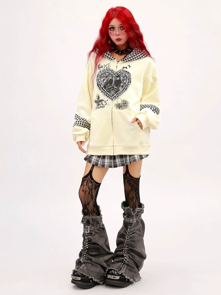 NANAICHILLI Cozy Oversized Zip Up Cartoon Anime Streetwear Casual Beige Black Hoodies