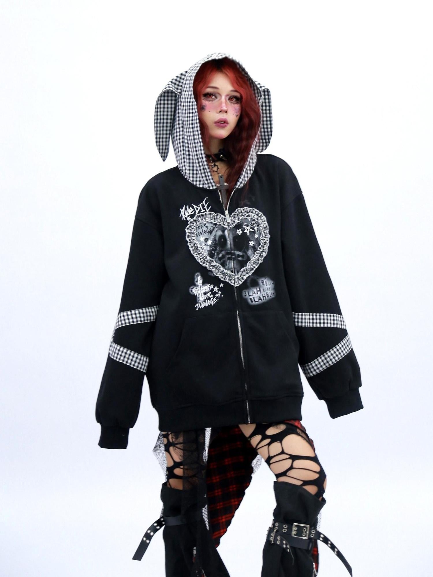 NANAICHILLI Cozy Oversized Zip Up Cartoon Anime Streetwear Casual Beige Black Hoodies