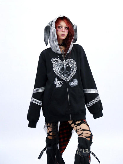 NANAICHILLI Cozy Oversized Zip Up Cartoon Anime Streetwear Casual Beige Black Hoodies