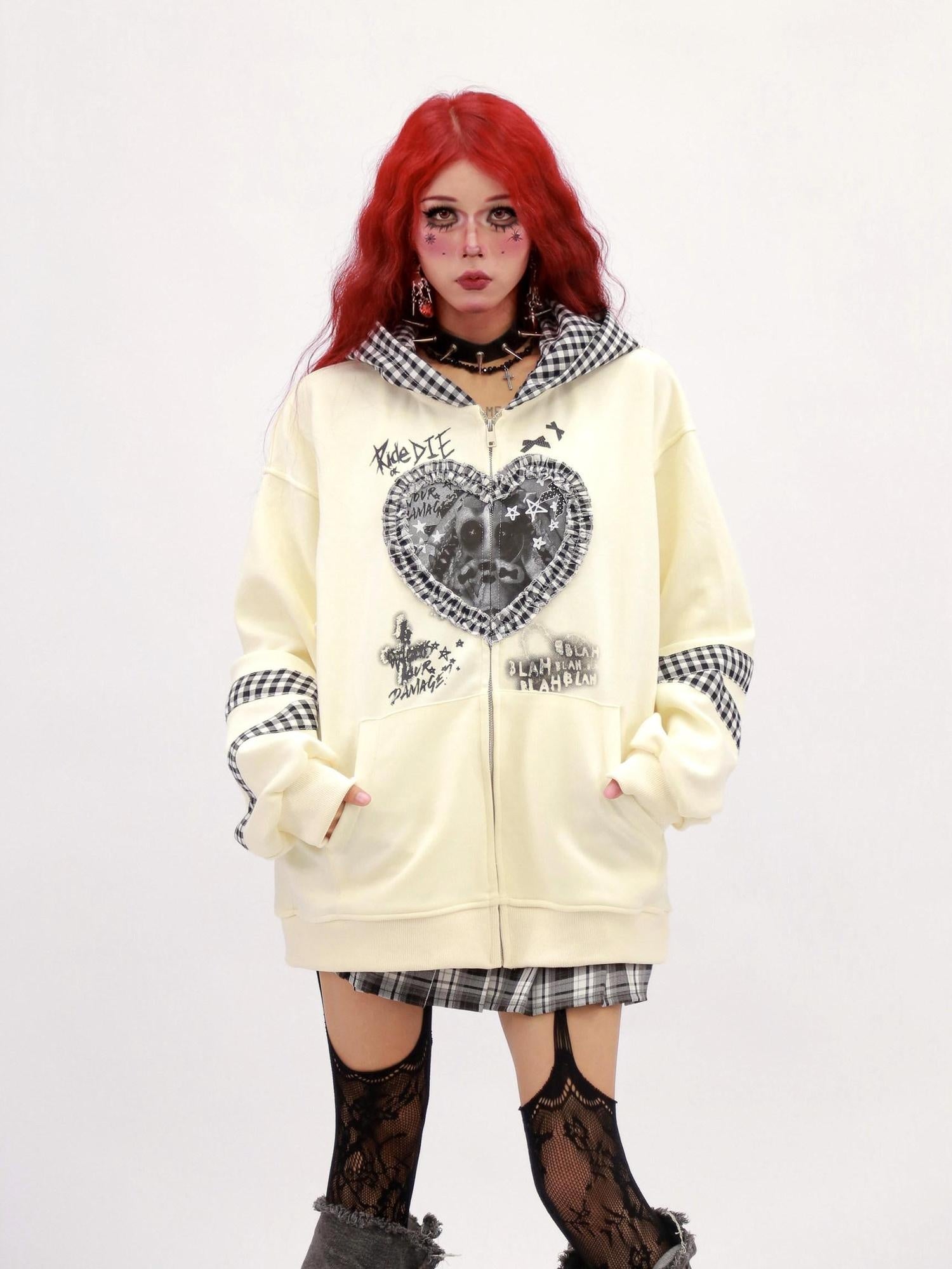 NANAICHILLI Cozy Oversized Zip Up Cartoon Anime Streetwear Casual Beige Black Hoodies