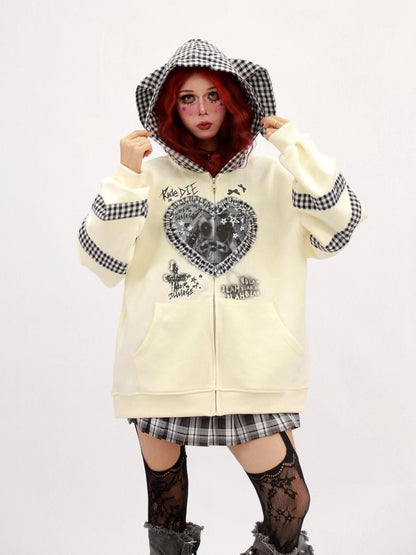 NANAICHILLI Cozy Oversized Zip Up Cartoon Anime Streetwear Casual Beige Black Hoodies