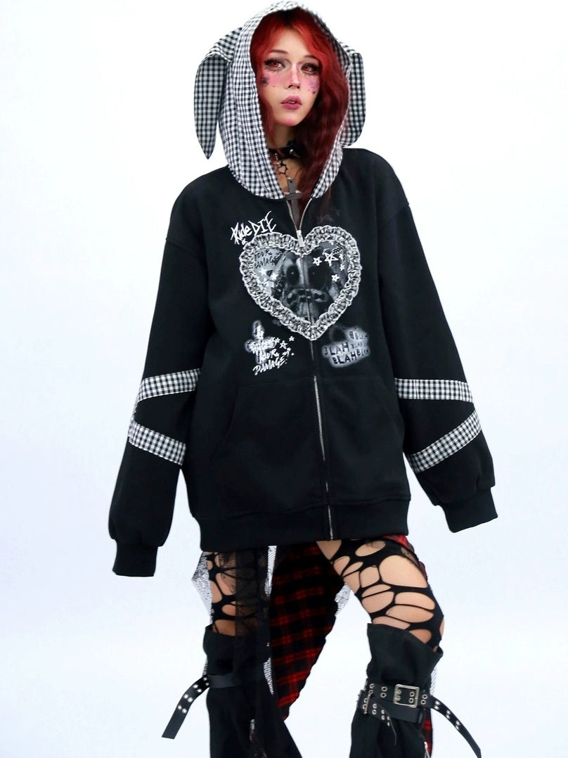 NANAICHILLI Cozy Oversized Zip Up Cartoon Anime Streetwear Casual Beige Black Hoodies