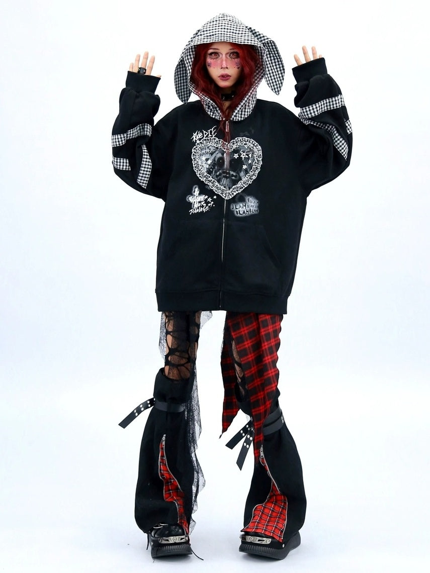 NANAICHILLI Cozy Oversized Zip Up Cartoon Anime Streetwear Casual Beige Black Hoodies