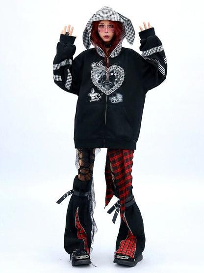 NANAICHILLI Cozy Oversized Zip Up Cartoon Anime Streetwear Casual Beige Black Hoodies