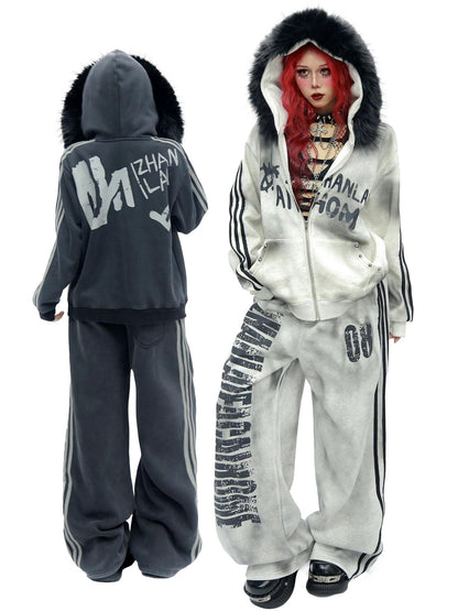 NANAICHILLI Cozy Zip Hooded Sweatshirt With Straight Leg Pants Unisex Loungewear Set