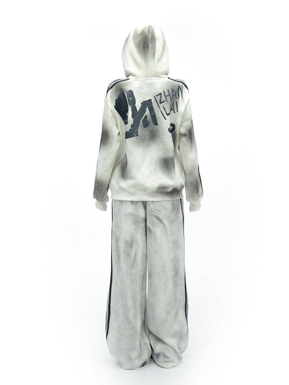 NANAICHILLI Cozy Zip Hooded Sweatshirt With Straight Leg Pants Unisex Loungewear Set