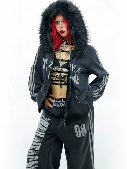 NANAICHILLI Cozy Zip Hooded Sweatshirt With Straight Leg Pants Unisex Loungewear Set