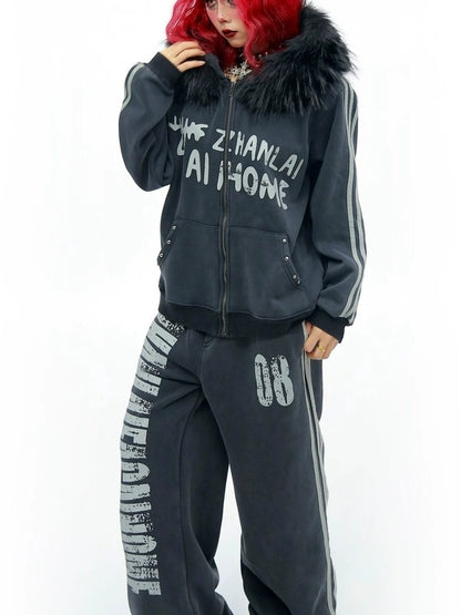 NANAICHILLI Cozy Zip Hooded Sweatshirt With Straight Leg Pants Unisex Loungewear Set