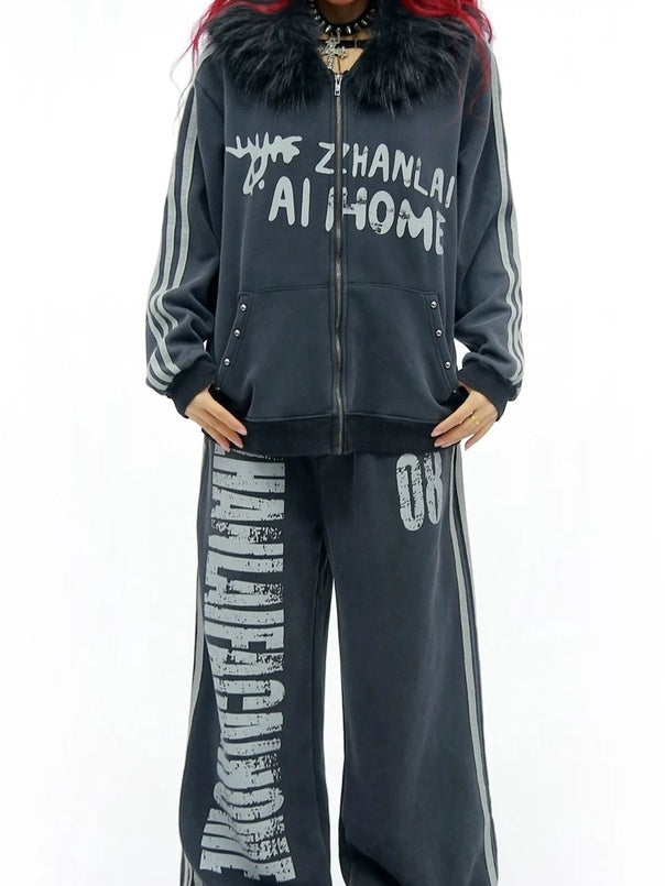 NANAICHILLI Cozy Zip Hooded Sweatshirt With Straight Leg Pants Unisex Loungewear Set