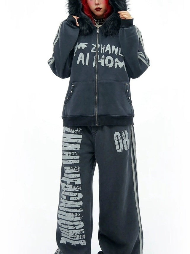NANAICHILLI Cozy Zip Hooded Sweatshirt With Straight Leg Pants Unisex Loungewear Set