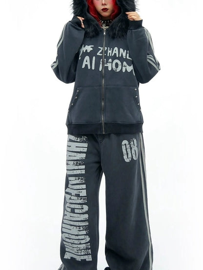 NANAICHILLI Cozy Zip Hooded Sweatshirt With Straight Leg Pants Unisex Loungewear Set