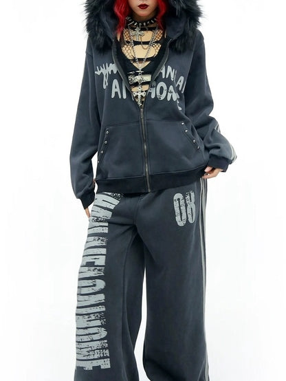 NANAICHILLI Cozy Zip Hooded Sweatshirt With Straight Leg Pants Unisex Loungewear Set